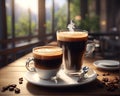 Two cups of coffee latte of different sizes and roasted coffee beans on a wooden table in a modern coffee shop view