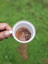 A Cup of Coffee Milk in Dreamy Green Garden