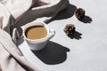 A cup of coffee with milk and pine cones on a gray table with a hard shadow. Christmas, winter concept