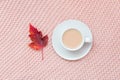 Cup of coffee with milk and red autumn leaf on pastel pink knitted plaid background. Autumn cozy concept. Flat lay, top view, copy Royalty Free Stock Photo