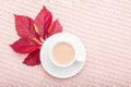 Cup of coffee with milk and red autumn leaves on pastel pink knitted plaid background. Autumn cozy concept. Flat lay, top view, Royalty Free Stock Photo