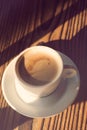 Cup of coffee with milk, top view. Coffee break time. Coffee shop. White cup of coffee on the wooden table Royalty Free Stock Photo