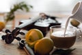 Cup of coffee with milk, violin and book, still life photo Royalty Free Stock Photo