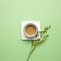 Cup of coffee with misty blue dry flowers on green background