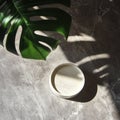 Cup of coffee and monstera leafle background with shadows Royalty Free Stock Photo