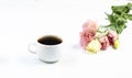 A cup of coffee. Morning breakfast. Flowers. On white background. Postcard banner. Spring love. Royalty Free Stock Photo