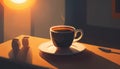 Cup of coffee in the morning with moody lighting. Generative AI.