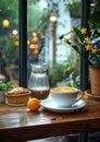 Cup of coffee and muffin on wooden table in cafe Royalty Free Stock Photo