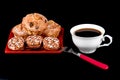 Cup of coffee, muffins and chocolate chip cookies in a red plate Royalty Free Stock Photo