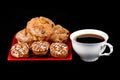 Cup of coffee, muffins and chocolate chip cookies in a red plate Royalty Free Stock Photo