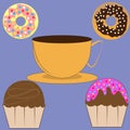 Cup of coffee, muffins and donuts.
