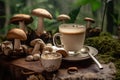 A cup of coffee with mushrooms on a table AI generation