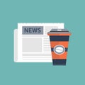 Cup of coffee with newspaper. Coffee time, coffee break concept. Flat vector Royalty Free Stock Photo