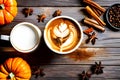 Cup of coffee next to cinnamon and pumpkin peels