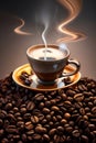 Cup of coffee next to roasted beans in a wonderful place with a touch of fantasy. Generative AI_4