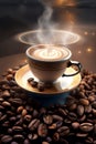 Cup of coffee next to roasted beans in a wonderful place with a touch of fantasy. Generative AI_5
