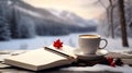 Cup of coffee, notebook and christmas decorations on a wooden table