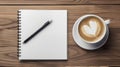 Cup of coffee with notebook, pen on wooden table. Top view and copy space. Generative AI Royalty Free Stock Photo