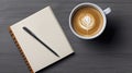 Cup of coffee with notebook, pen on wooden table. Top view and copy space. Generative AI Royalty Free Stock Photo