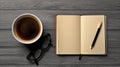 Cup of coffee with notebook, pen on wooden table. Top view and copy space. Generative AI Royalty Free Stock Photo