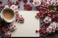 A cup of coffee, notepad, and fresh flowers on a white backdrop
