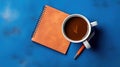 Cup of coffee and notepad with pen, top view. Generated AI. Royalty Free Stock Photo