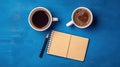 Cup of coffee and notepad with pen, top view. Generated AI. Royalty Free Stock Photo