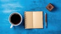 Cup of coffee and notepad with pen, top view. Generated AI. Royalty Free Stock Photo