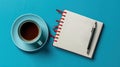 Cup of coffee and notepad with pen, top view. Generated AI. Royalty Free Stock Photo