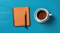 Cup of coffee and notepad with pen, top view. Generated AI. Royalty Free Stock Photo