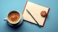 Cup of coffee and notepad with pen, top view. Generated AI. Royalty Free Stock Photo