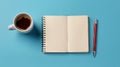 Cup of coffee and notepad with pen, top view. Generated AI. Royalty Free Stock Photo