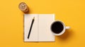 Cup of coffee and notepad with pen, top view. Generated AI. Royalty Free Stock Photo