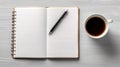 Cup of coffee and notepad with pen, top view. Generated AI. Royalty Free Stock Photo