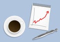 Cup of coffee, notepad and silver pen Royalty Free Stock Photo