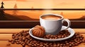 a cup of coffee and nuts on a wooden table at sunset vector illustration Royalty Free Stock Photo