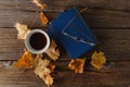 Cup of coffee with an old book and oak leaves. On wooden background. Royalty Free Stock Photo