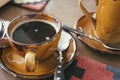 Cup of coffee on old wooden desk. coffee break in morning selective focus in a caffee Royalty Free Stock Photo