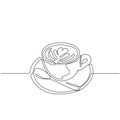 Cup of coffee one line drawing with plate and spoon. Continuous hand drawn single lineart simplicity design