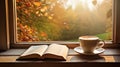cup of coffee and an open book in a window with autumn view, AI Generative Royalty Free Stock Photo