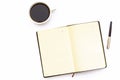 Cup of coffee, open the diary and pen on a white background. Minimal business concept of working place in the office.