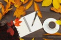 Cup of coffee, open notebook, pen and scarf among autumn leaves on wooden background Royalty Free Stock Photo