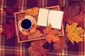 Cup of coffee, opened notebook and autumn leaves