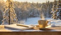 Cup of coffee, opened notebook and pencil on wooden table against winter forest snowy background. Composition for Christmas