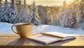 Cup of coffee, opened notebook and pencil on wooden table against winter forest snowy background. Composition for Christmas