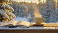 Cup of coffee, opened notebook and pencil on wooden table against winter forest snowy background. Composition for Christmas