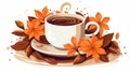 a cup of coffee with orange flowers and leaves Royalty Free Stock Photo