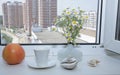 Cup of coffee and orange grapefruit and white daisy flowers on a white window sill with an open white window and street view Royalty Free Stock Photo