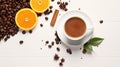 Cup of coffee, orange slices, coffee beans, cinnamon sticks, anise stars on a white wooden background, top view.