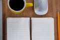 Cup of coffee with organizer, pencil and mouse Royalty Free Stock Photo